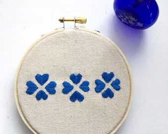 Blue Heart Flowers Hand Embroidered Wall Art, Polish, Peacock Blue