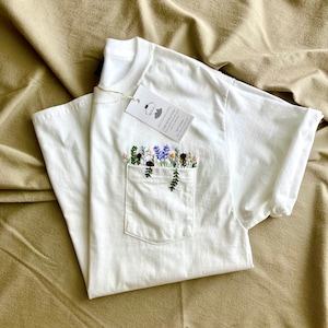 Hand Embroidered Floral White Pocket T-shirt, Wildflower Embroidered Pocket, Womens Embroidered Shirt, Embroidered Tee, Flower T-shirt image 1