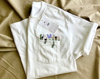 Hand Embroidered Floral White Pocket T-shirt, Wildflower Embroidered Pocket, Women’s Embroidered Shirt, Embroidered Tee, Flower T-shirt