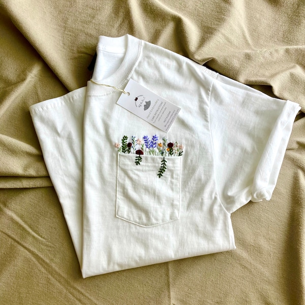 Hand Embroidered Floral White Pocket T-shirt, Wildflower Embroidered Pocket, Women’s Embroidered Shirt, Embroidered Tee, Flower T-shirt