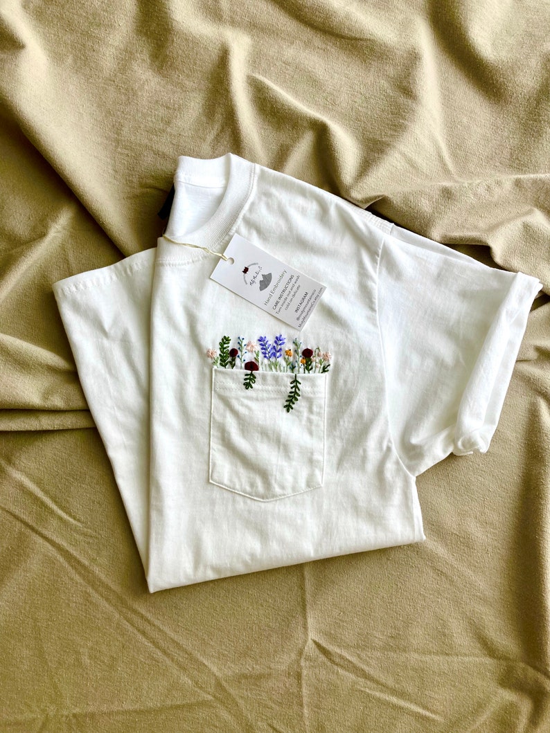 Hand Embroidered Floral White Pocket T-shirt, Wildflower Embroidered Pocket, Womens Embroidered Shirt, Embroidered Tee, Flower T-shirt image 1