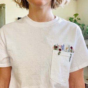 Hand Embroidered Floral White Pocket T-shirt, Wildflower Embroidered Pocket, Womens Embroidered Shirt, Embroidered Tee, Flower T-shirt image 9