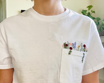 Hand Embroidered Floral White Pocket T-shirt, Wildflower