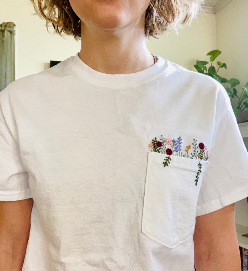 Hand Embroidered Floral White Pocket T-shirt, Wildflower Embroidered Pocket, Womens Embroidered Shirt, Embroidered Tee, Flower T-shirt image 9