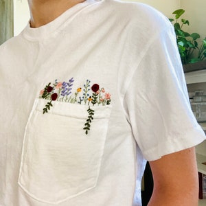 Hand Embroidered Floral White Pocket T-shirt, Wildflower Embroidered Pocket, Womens Embroidered Shirt, Embroidered Tee, Flower T-shirt image 10