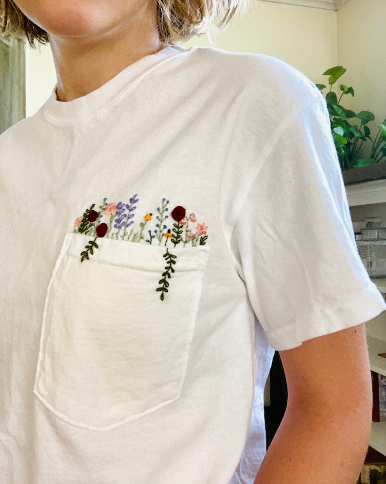 Hand Embroidered Floral White Pocket T-shirt, Wildflower Embroidered Pocket, Womens Embroidered Shirt, Embroidered Tee, Flower T-shirt image 10