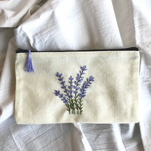 Pochette en toile brodée main lavande avec fermeture à glissière, trousse à maquillage, trousse, portefeuille, trousse de toilette