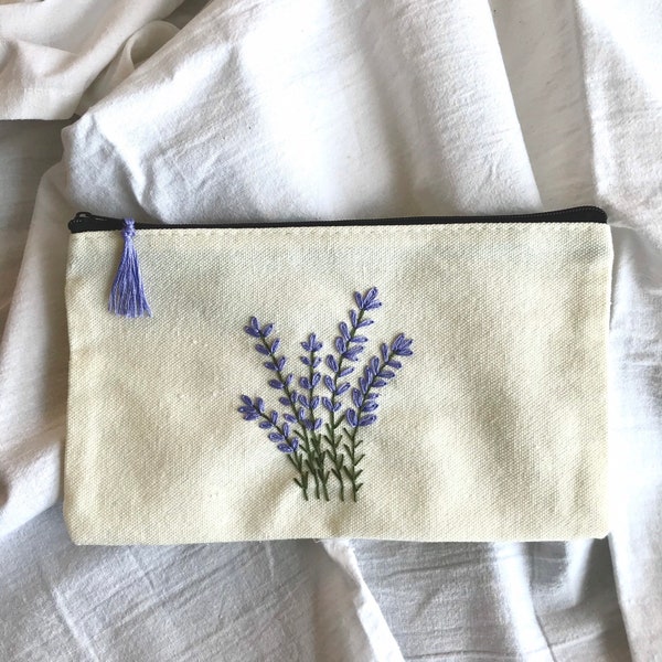 Lavender Hand Embroidered Canvas Pouch with Zipper, Cosmetic Bag, Pencil Case, Wallet, Toiletry Bag