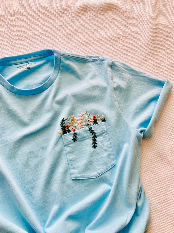Hand Embroidered Floral Blue Pocket T-shirt Wildflower - Etsy