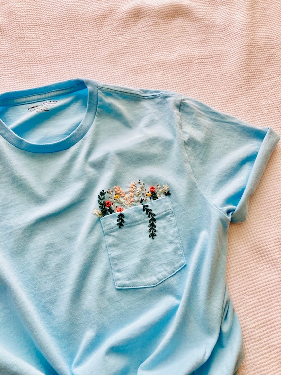 Hand Embroidered Floral Blue Pocket T-shirt Wildflower - Etsy