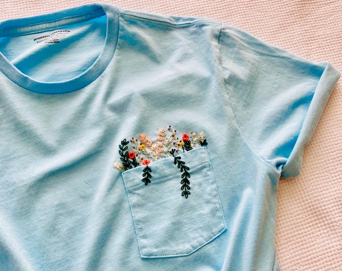 Hand Embroidered Floral Blue Pocket T-shirt Wildflower - Etsy