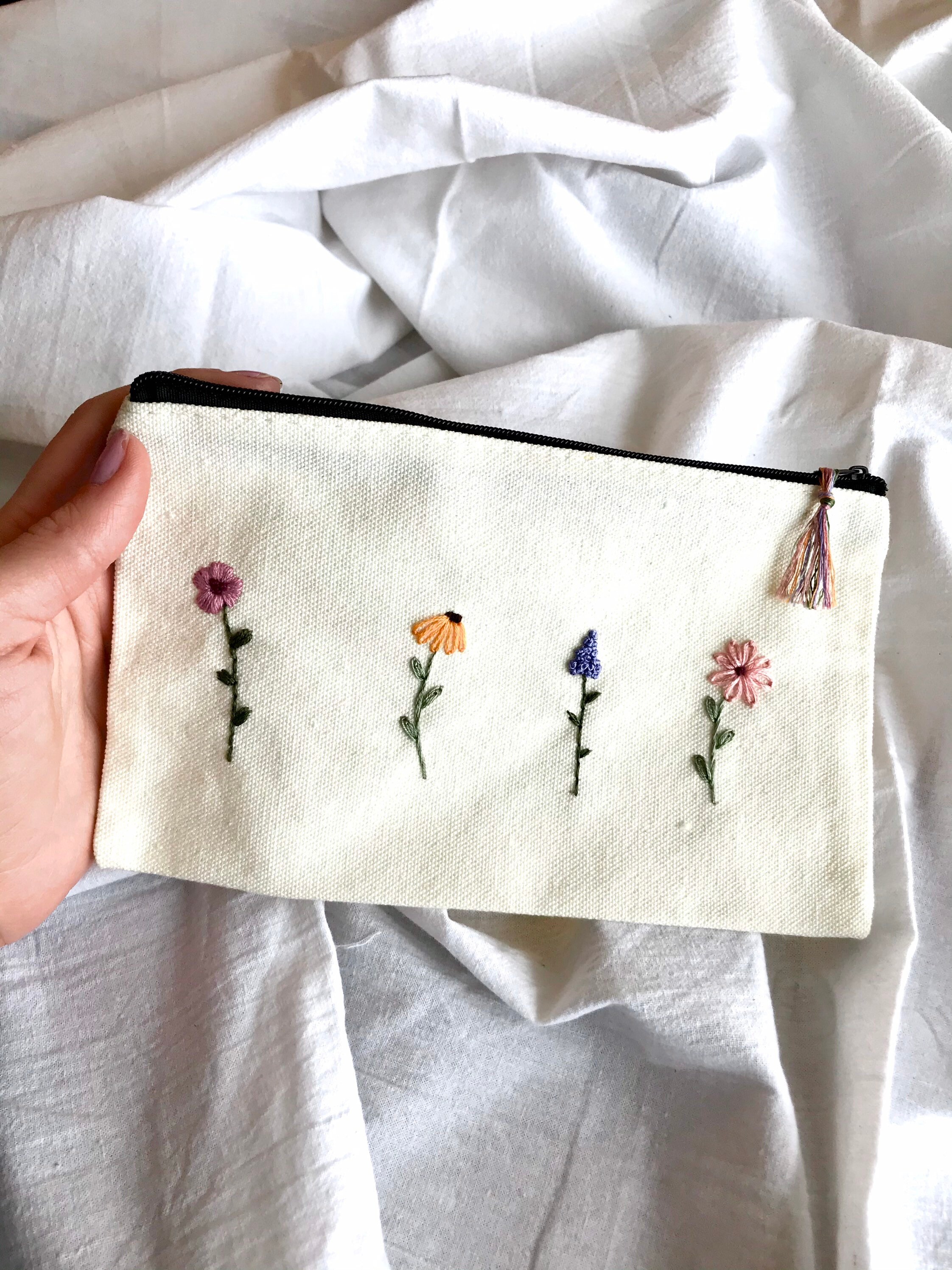 Wildflowers Hand Embroidered Canvas Pouch With Zipper, Cosmetic Bag ...