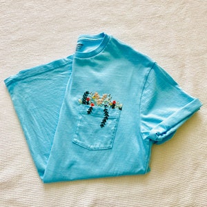 Hand Embroidered Floral Blue Pocket T-shirt, Wildflower Embroidered ...