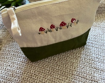 Hand Embroidered Mushroom Canvas Pouch: Cosmetic Bag, Pencil Case