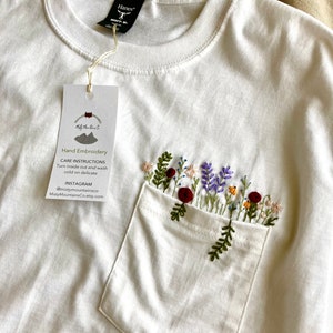 Hand Embroidered Floral White Pocket T-shirt, Wildflower Embroidered Pocket, Womens Embroidered Shirt, Embroidered Tee, Flower T-shirt image 5