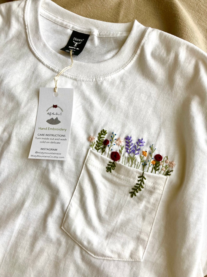 Hand Embroidered Floral White Pocket T-shirt, Wildflower Embroidered Pocket, Womens Embroidered Shirt, Embroidered Tee, Flower T-shirt image 5