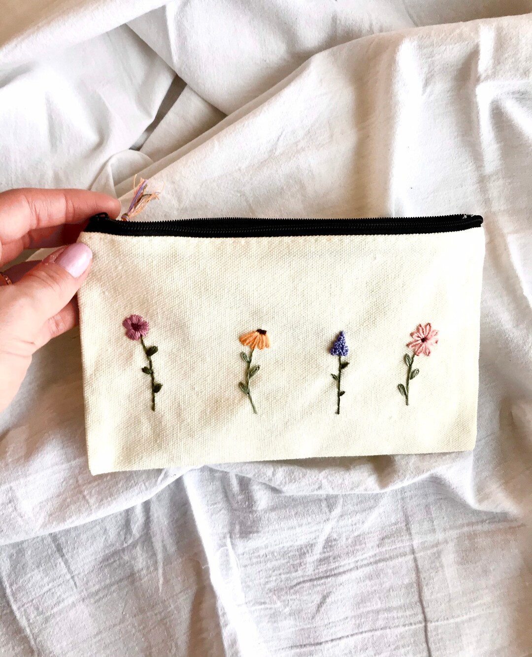 Wildflowers Hand Embroidered Canvas Pouch With Zipper, Cosmetic Bag ...
