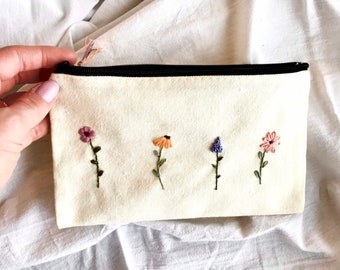 Wildflowers Hand Embroidered Canvas Pouch with Zipper, Cosmetic Bag, Pencil Case, Wallet, Toiletry Bag