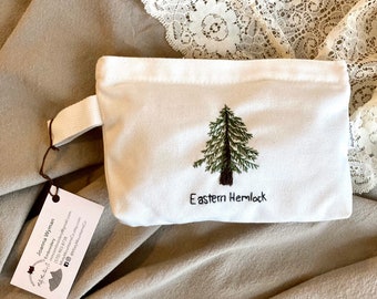 Pine Tree, Eastern Hemlock, Christmas Tree Hand Embroidered Canvas Pouch with Zipper, Cosmetic Bag, Pencil Case, Wallet, Toiletry Bag