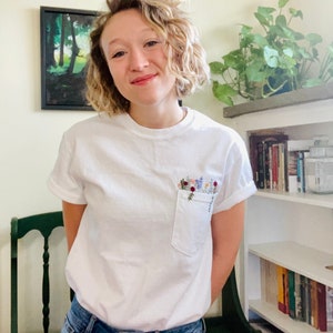 Hand Embroidered Floral White Pocket T-shirt, Wildflower Embroidered Pocket, Womens Embroidered Shirt, Embroidered Tee, Flower T-shirt image 8