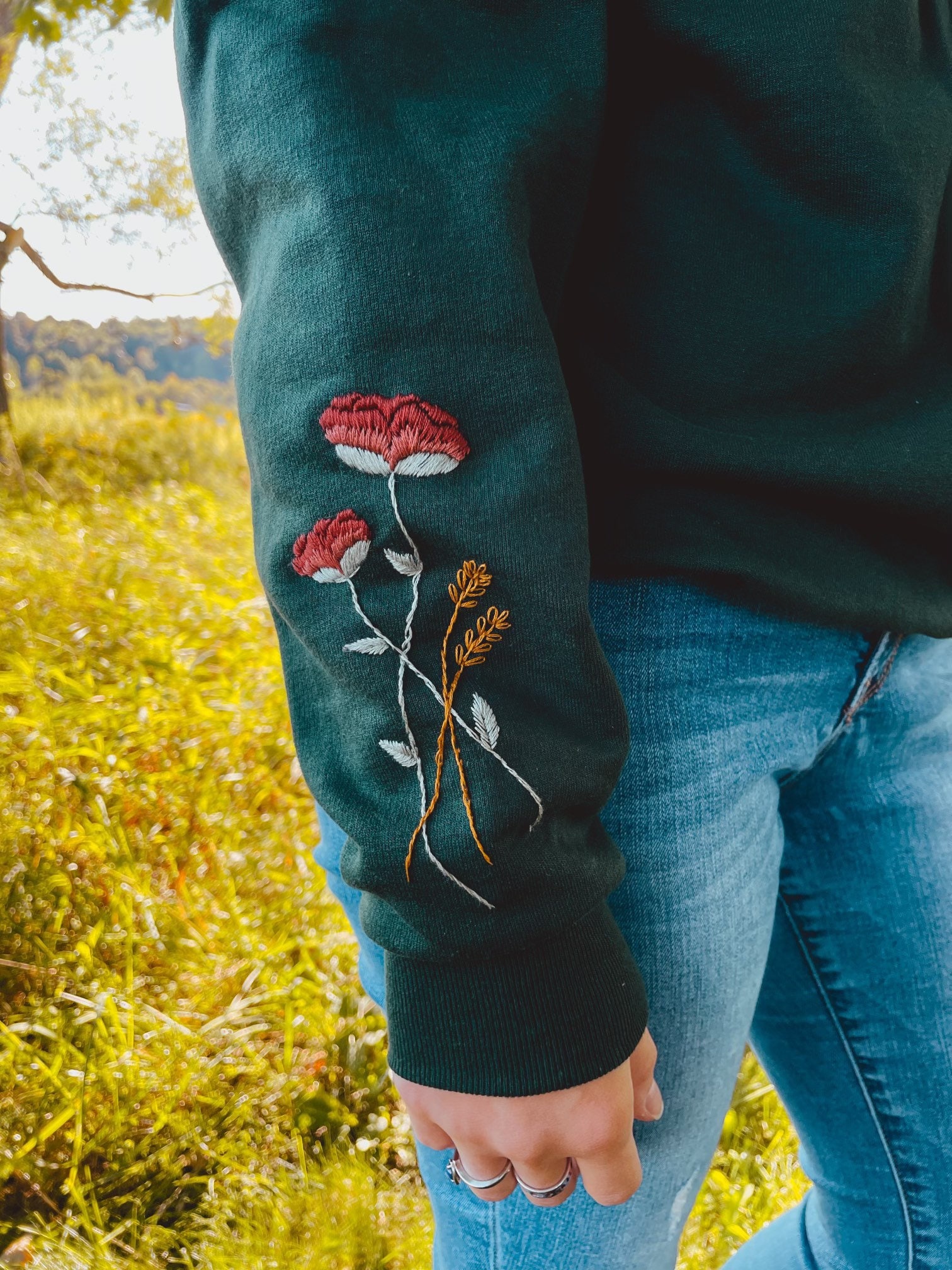 Hand Embroidered Floral Green Crewneck Sweatshirt, Autumn