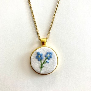 Hand Embroidered Forget Me Not Flower Necklace: Floral Pendant
