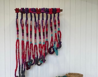 Wall Hanging - Art Tapestry - Handmade Wool Decor - Contemporary Textile Art "Fuccia", 31"  x 47"