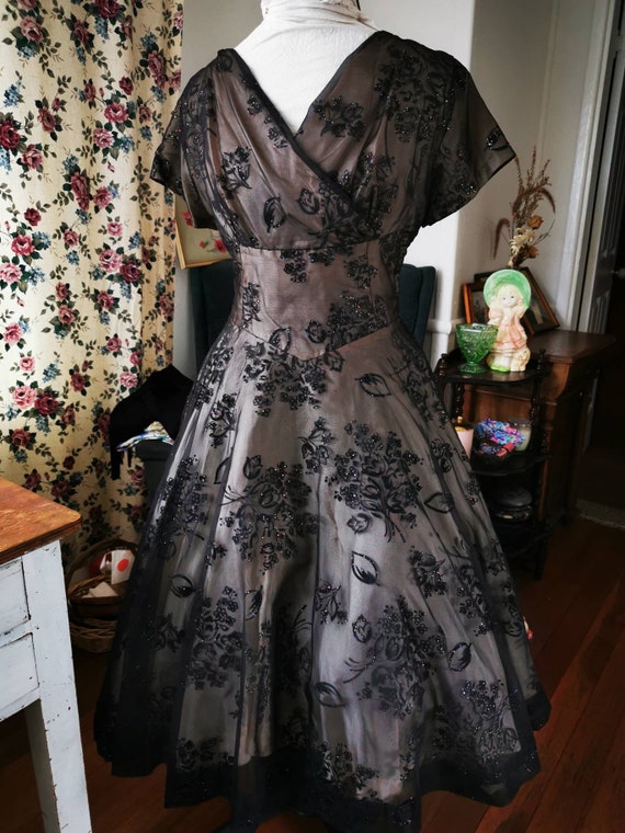 1950s flocked chiffon evening gown