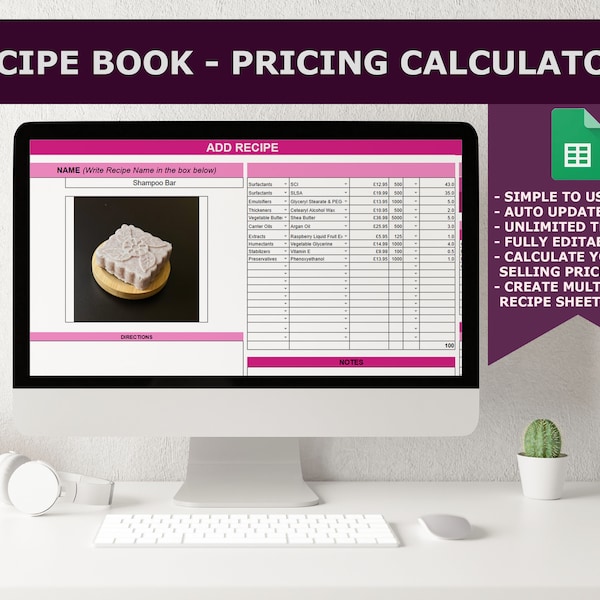 Recipe Book - Cost Calculator - Cosmetic Formulation - Cosmetic Calculator - Skincare Business Spreadsheet