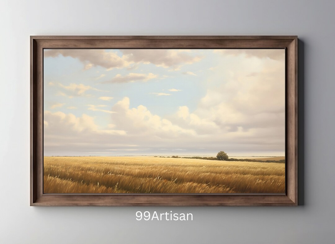 Vintage Oil Painting Grass Field Wall Art Clouds Oil Painting Etsy