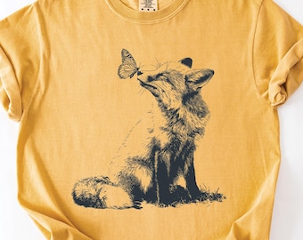 Fox and Butterfly Graphic Tee - Vintage Wildlife Comfort Colors Shirt