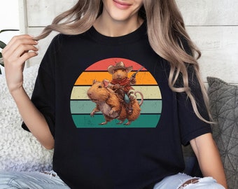 Vintage Sunset Capybara Cowboy T-Shirt: Funny Retro Rodent Tee