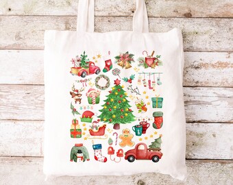Christmas Doodles Canvas Tote Bag, Holiday Gift