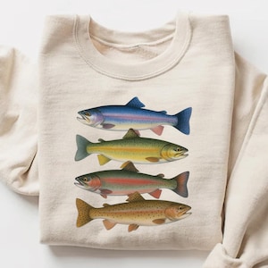 Abstract Colorful Trout In A Row Sweatshirt, Fisherman Aesthetic, Rainbow Trout Sweatshirt, Fly Fishing, Fish Crewneck, Trout Sweater