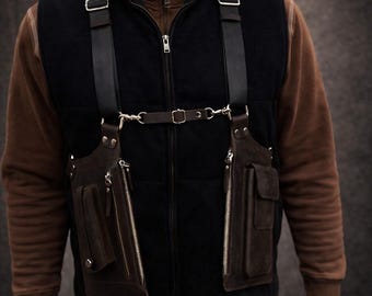 Bolso de cuero hecho a mano, bolso de hombro de cuero negro, bolso de cuero para festivales, bolso bandolera de cuero para hombre, regalo para él, bolsillo doble para funda, pers.