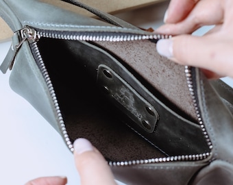 Handmade organic leather bag, waist bag, graphite color, personalization, minimalist bag, chest bag, phone and money bag, small bag.