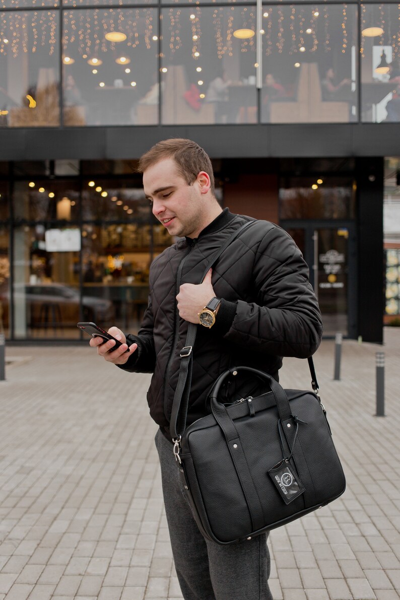 Leather briefcase for men, shoulder bag, top handle bag, leather laptop bag, graduation gift, black leather bag, bag for every day image 7