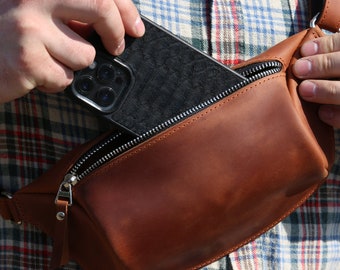 Personalization Leather Phone Bag Chest Bag Travel Waist Bag Christmas or Father's Day Gift Husband Gift Everyday bag Small compact bag