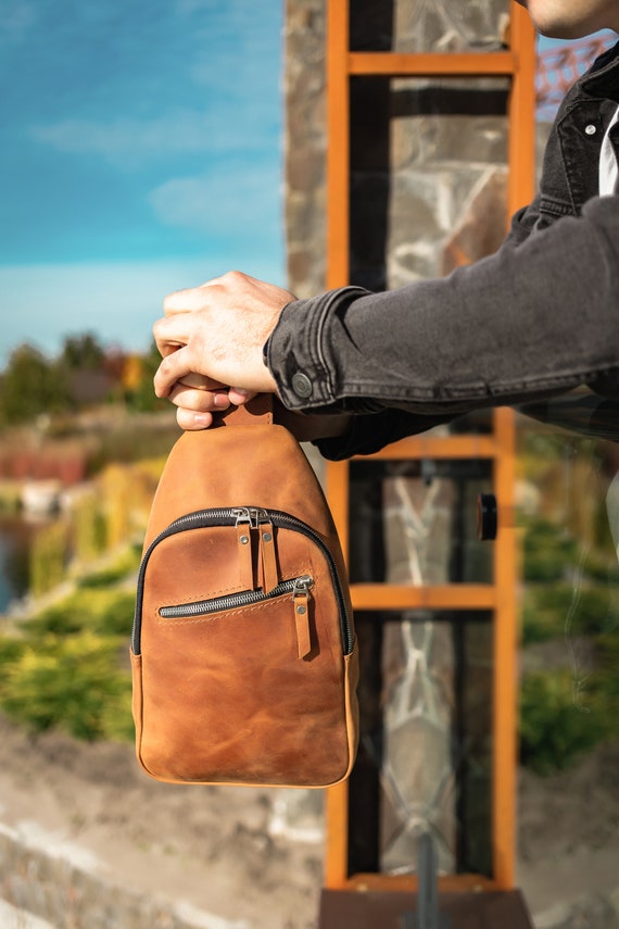 Leather Crossbody Bag Sling Chest Bag Travel Bag in Brown 