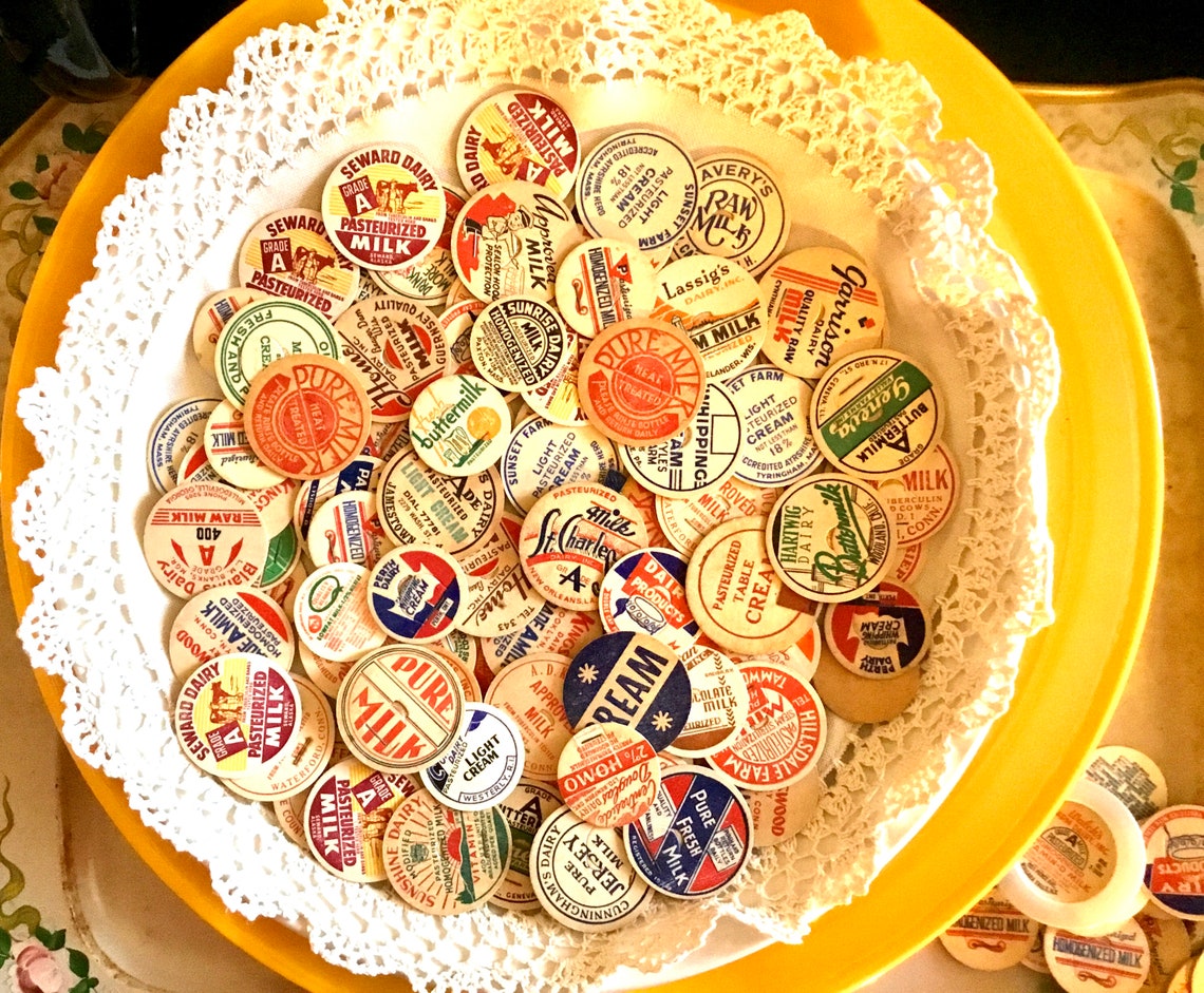 Milk Caps. Authentic Milk Caps, Genuine Milk Caps. Dairy Advertising