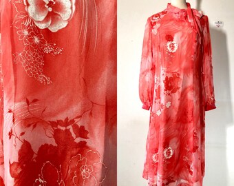 70s Canda Blood Orange Floral Vintage Dress, Europe | M