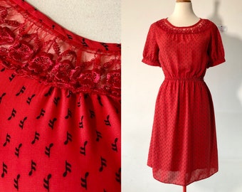 Red Musical Notes 80s Vintage Summer Dress, Japan | S to M