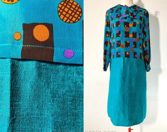 Blue Teal 70s Vintage Shift Dress, Italy | M to L