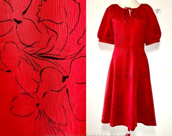 Red Floral 70s Vintage Babydoll Dress, Europe | M to L