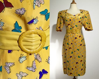 Yellow Butterflies 80s Vintage Sheath Dress, Europe | S to M