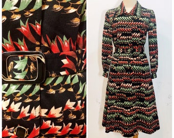 Vintage 70s Black Shirt dress with Green and Red leaves, Japan| S