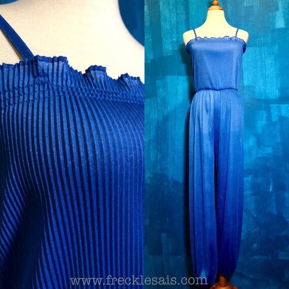 blue pleated jumpsuit