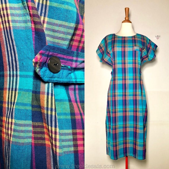 70s Sapphire Blue Madras Plaid Vintage Dress, Japa