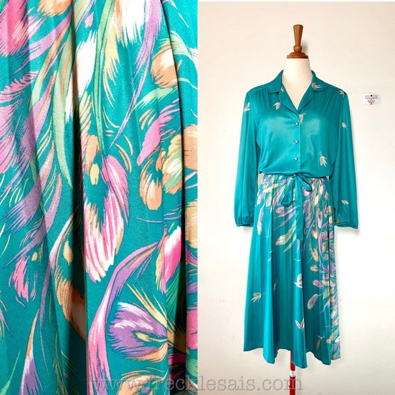 ILGWU Teal Feather Print 70s Vintage Shirt Dress,