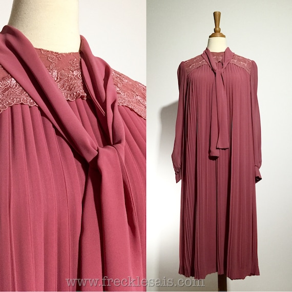 Pink Pleats 70s Pussybow Tent Vintage Dress, Japan